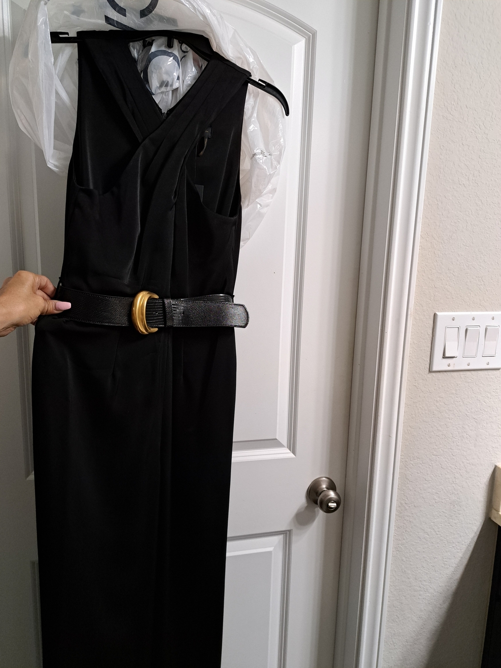Donna Karan Black Satin Jumpsuit with Gold Logo Detail